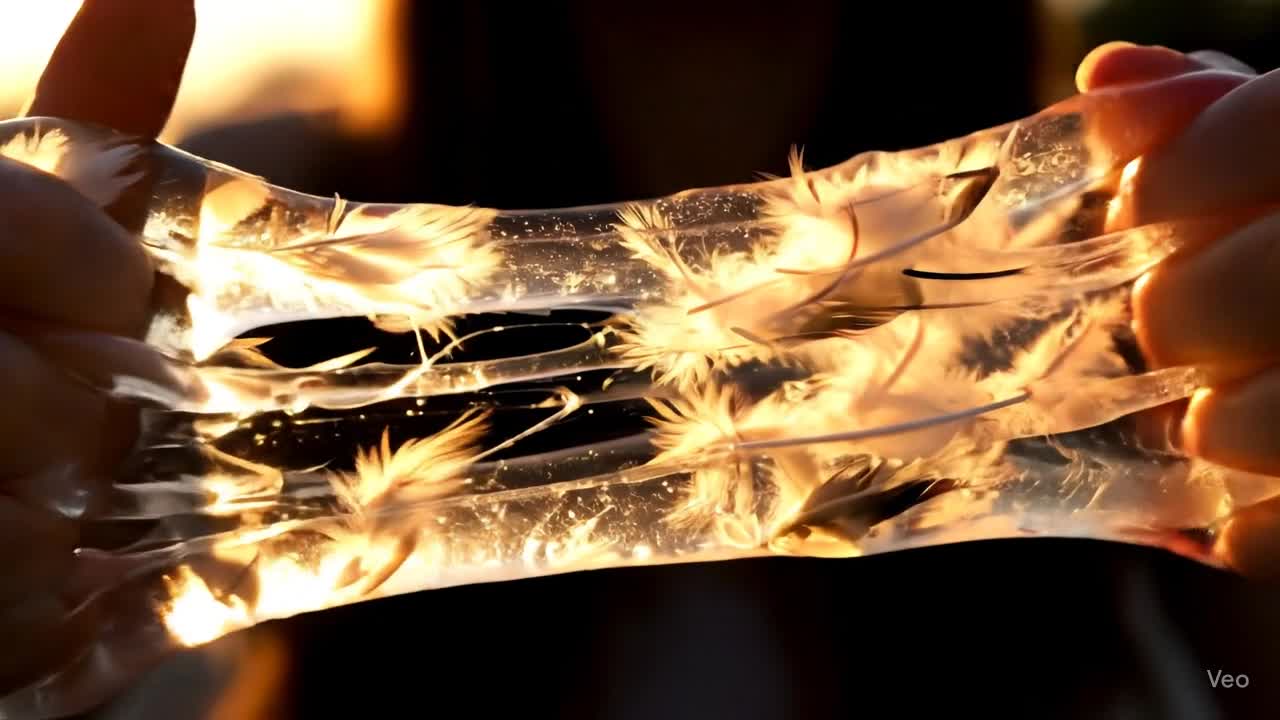 Close-up of hands stretching a semi-transparent slime filled with soft white feathers, illuminated by warm sunset light.