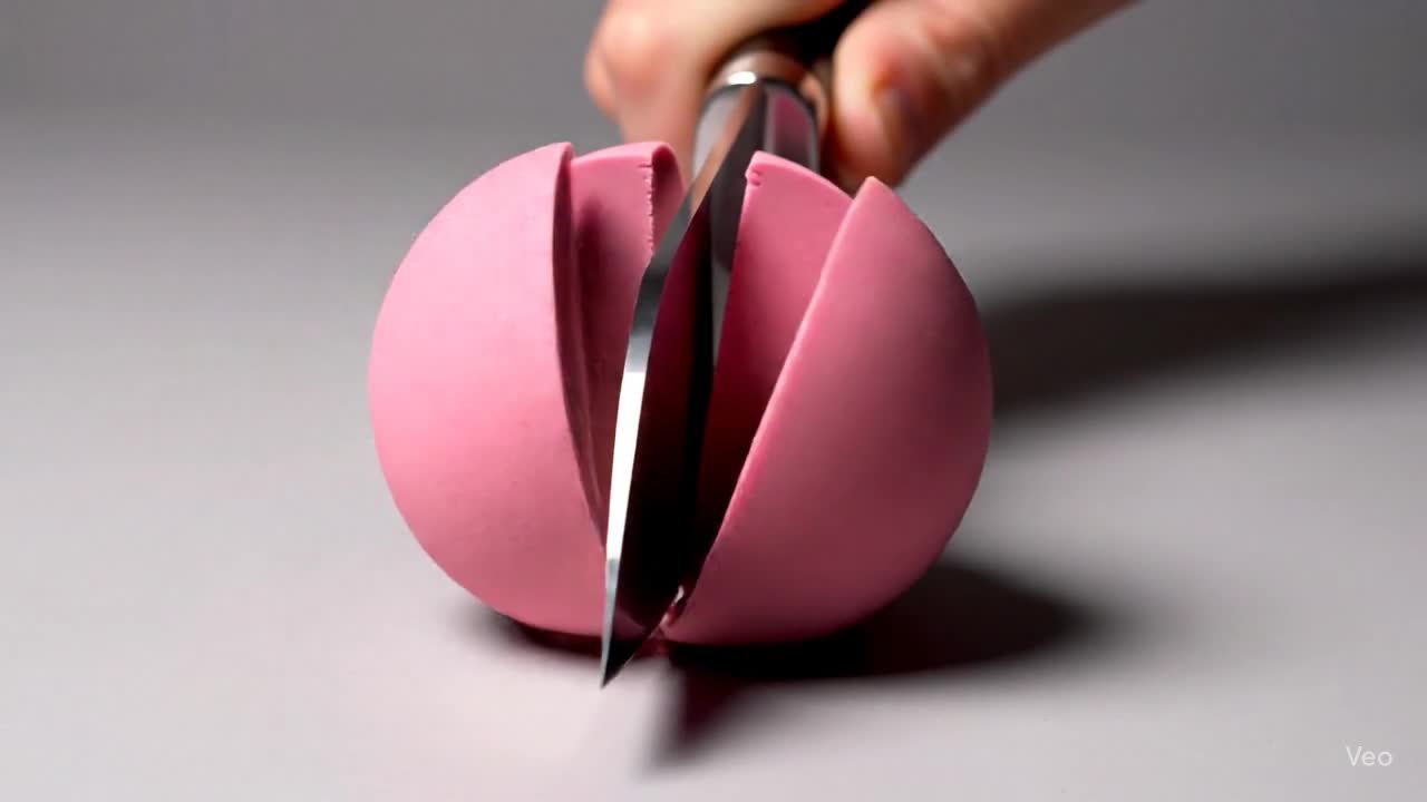 A round, matte soap sphere being sliced cleanly in a minimalist setting.