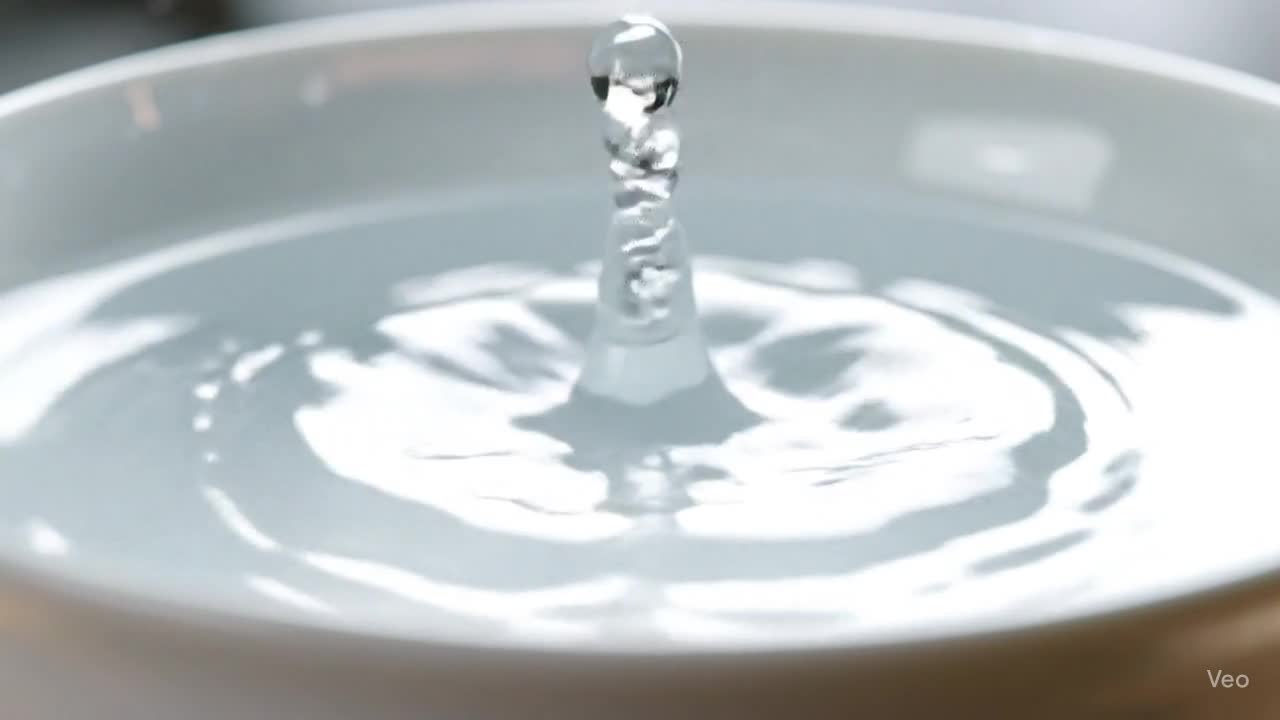 A clear water droplet falling into a white ceramic bowl in slow motion.