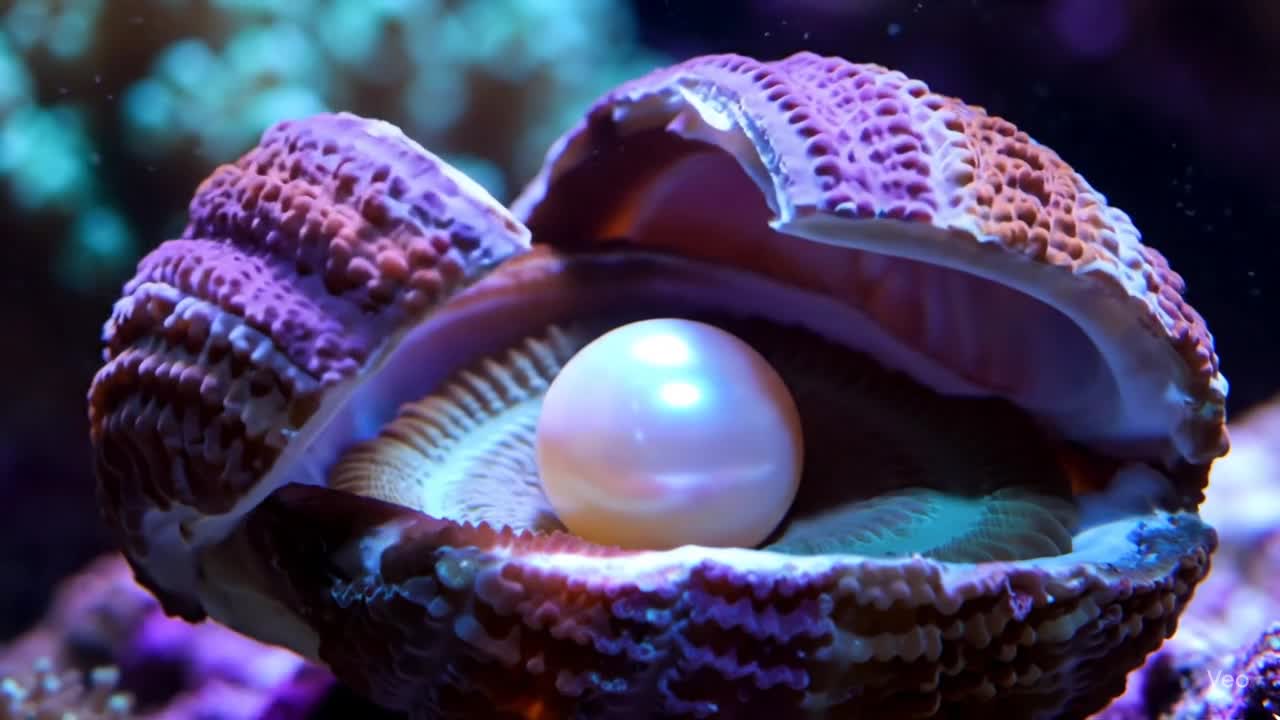 A sea pearl being revealed from a cracked open living coral shell.