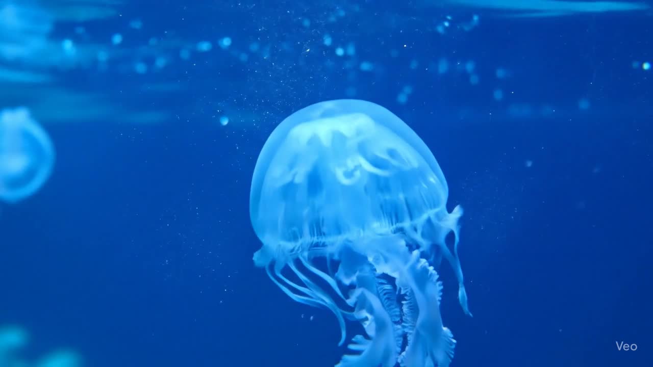 A bioluminescent jellyfish-like orb pulsing gently in sparkling water.