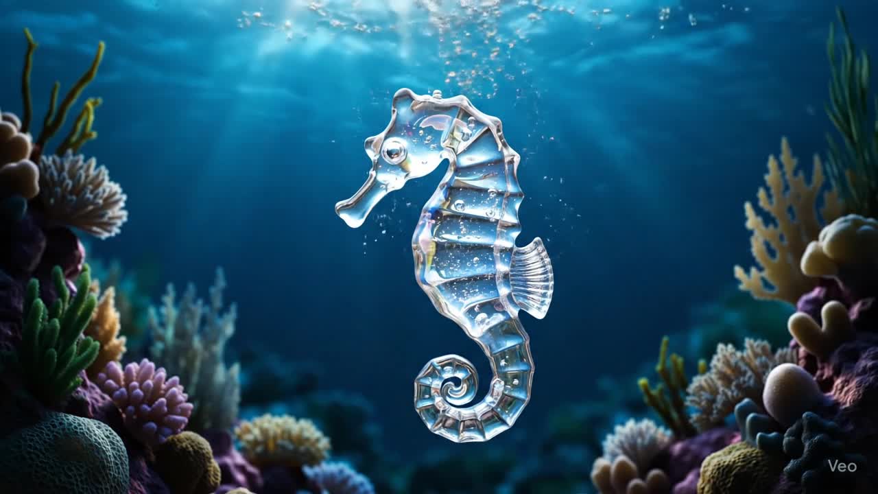 A glass seahorse slowly dissolving in an ocean current.