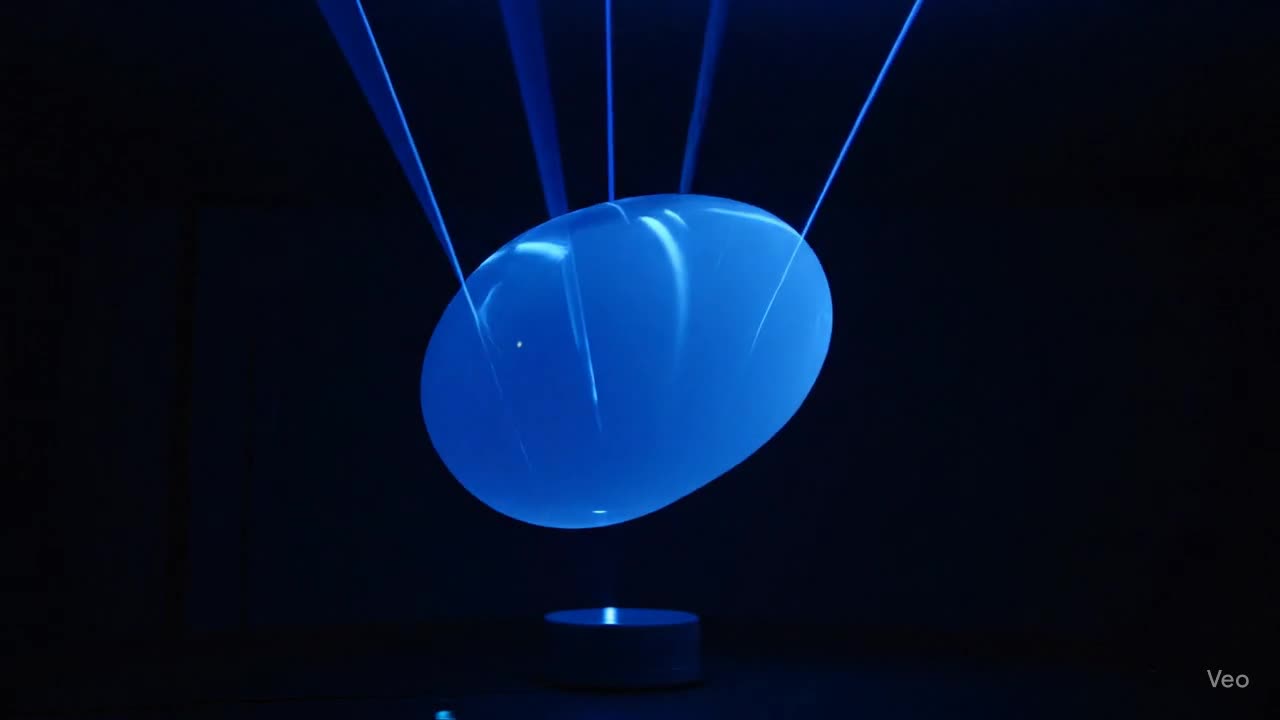 A rotating embryo-shaped capsule being scanned by blue lasers.