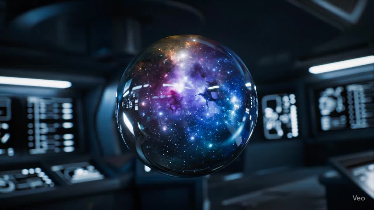A floating droplet filled with swirling nebula ink suspended in zero gravity.