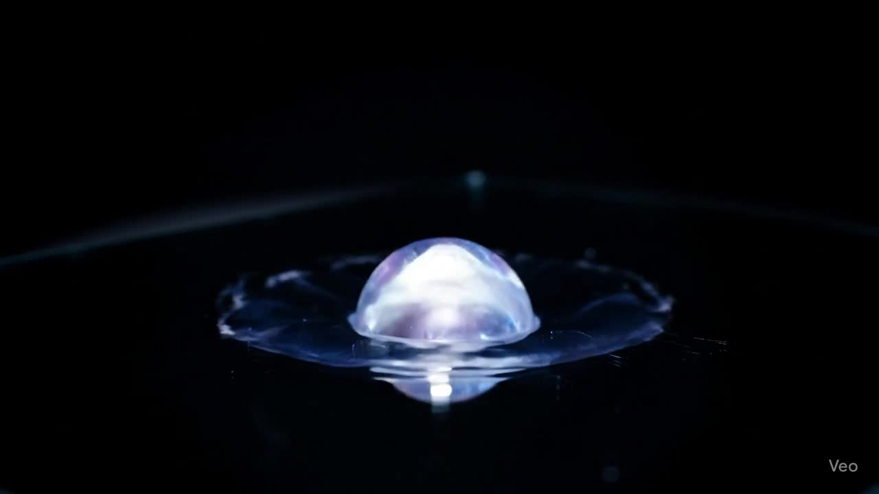 A sphere of liquid stars creating ripples on a black mirror surface.