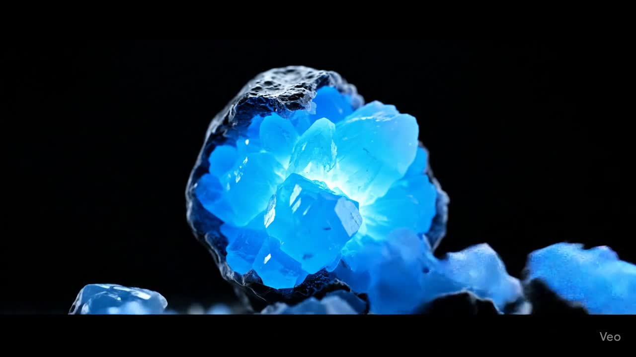 An asteroid-shaped jelly cracking to reveal glowing blue minerals inside.