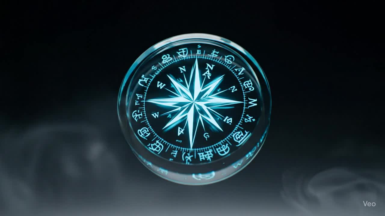A translucent compass with glowing runes rotating in a smoky environment.