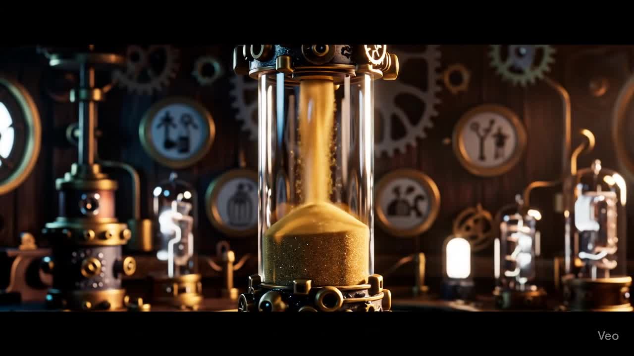 Golden sand flowing upwards inside a glass vial, reversing time.