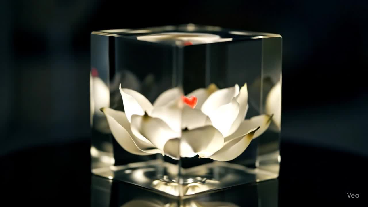A glass cube with glowing petals opening to reveal a floating heart.