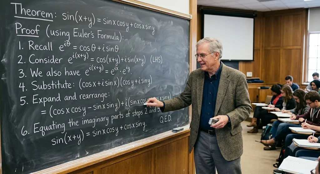 Professor Explaining Trigonometric Proof on Chalkboard