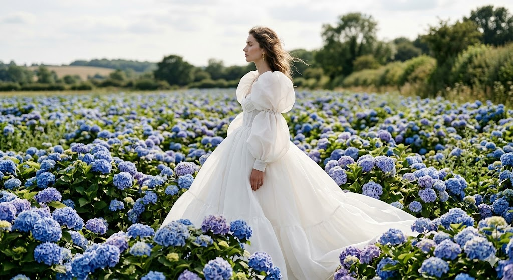 White Couture in Blue Hydrangeas
