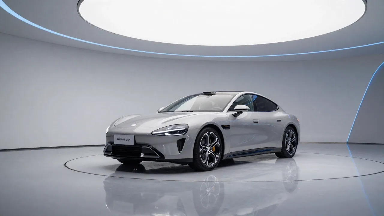 Sleek Silver Electric Sports Sedan in Futuristic Showroom